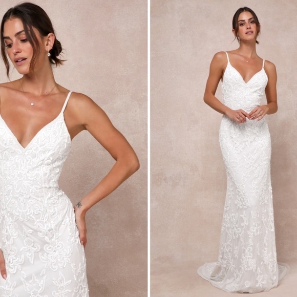 LULUS Bridal Wedding Elegant Sophisticated STUNNING Beaded Mermaid Gown - Picture 4 of 6